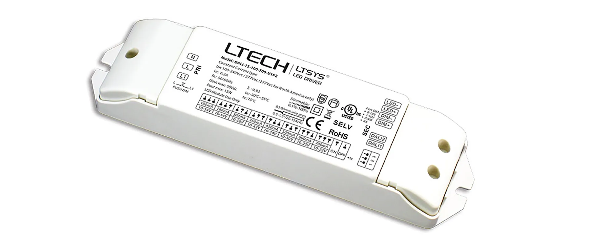 DALI-15-100-700-U1P2  DALI, 0/1-10V, PWM, RX, Push Dim 1-15W Current Dimmable Driver.100-700mA adjustable, Class II, 0-100% Dim, PWM digital dimming, IP20.